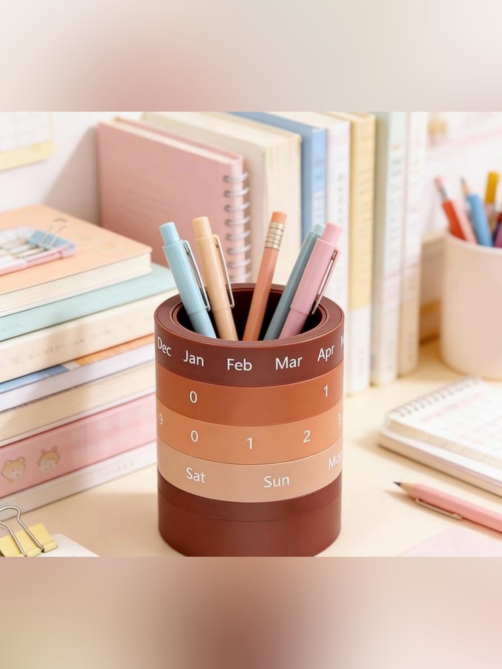 Rotating Date Pen Holder with 2 Storage Containers in Brown & Tan, NIB